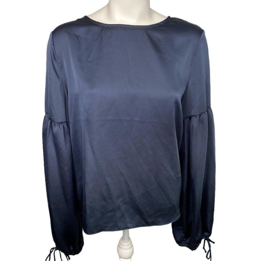 Carolina Belle Montreal‎ Blue Satin Balloon Sleeve Blouse Top Sz Large